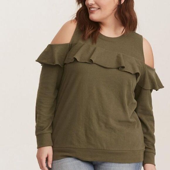 Torrid Sweater‎ Womens 00(M) Olive Ruffled Cold Shoulder Pullover Sweatshirt - Picture 1 of 10
